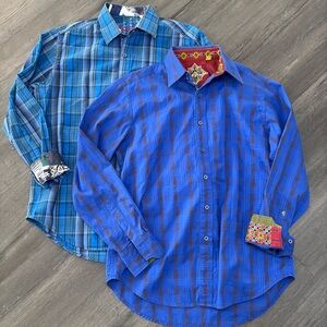 Robert Graham Button Down Shirt Men's M Blue Windowpane Plaid Flip Cuff Lot of 2